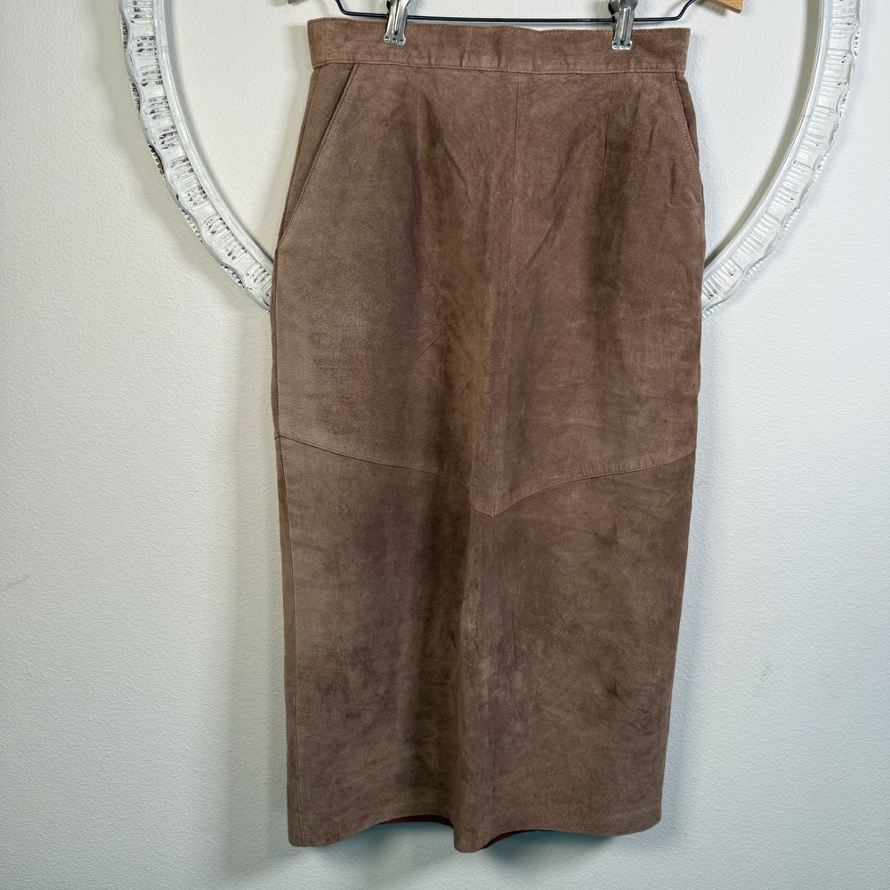 VTG Evan Davies Tan Silky Pig Suede Leather Midi Skirt Womens Vtg 10 Modern 6